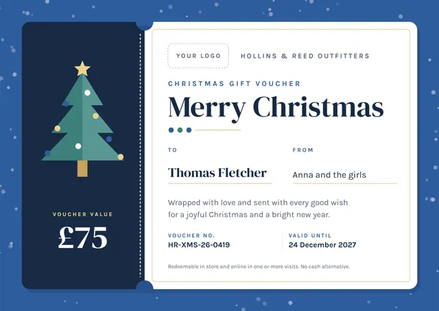 Steel Blue Starry Christmas Gift Voucher template, A4 landscape, in steel blue