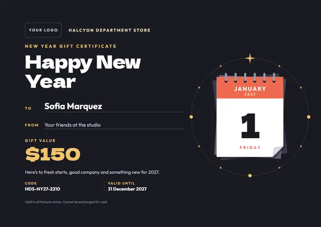 Sunshine Yellow Starry New Year Gift Certificate template, A4 landscape, in sunshine yellow