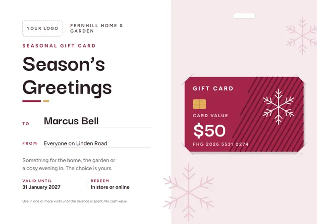 Fuchsia Ornate Seasonal Gift Card template, A4 landscape, in fuchsia