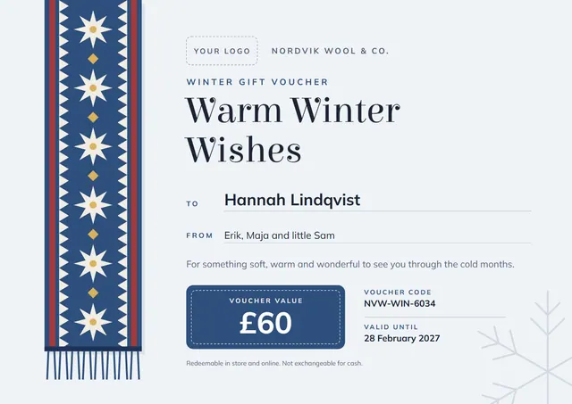 Ocean Blue Starry Winter Gift Voucher template, A4 landscape, in ocean blue
