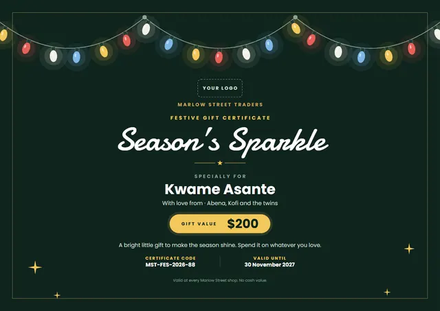 Forest Green Starry Festive Gift Certificate template, A4 landscape, in forest green