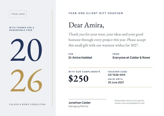 Navy Banded Year-end Client Gift Voucher template, A4 landscape, in navy