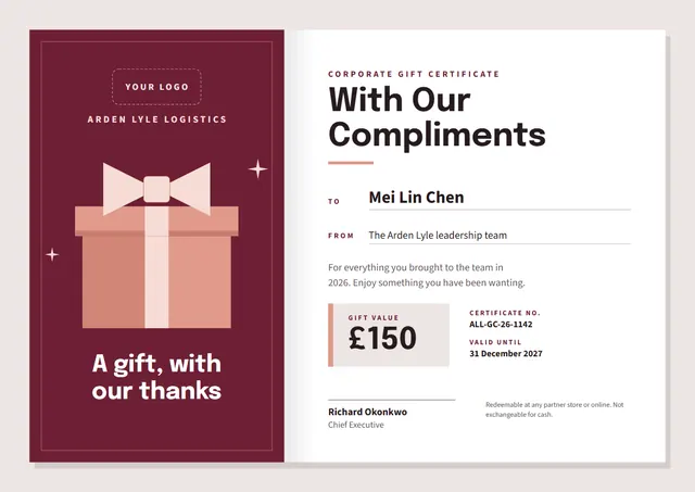 Burgundy Ribbon Corporate Gift Certificate template, A4 landscape, in burgundy