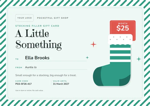 Jade Starry Stocking Filler Gift Card template, A4 landscape, in jade