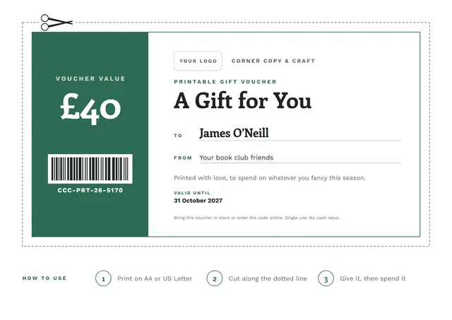 Emerald Ticket Printable Gift Voucher template, A4 landscape, in emerald
