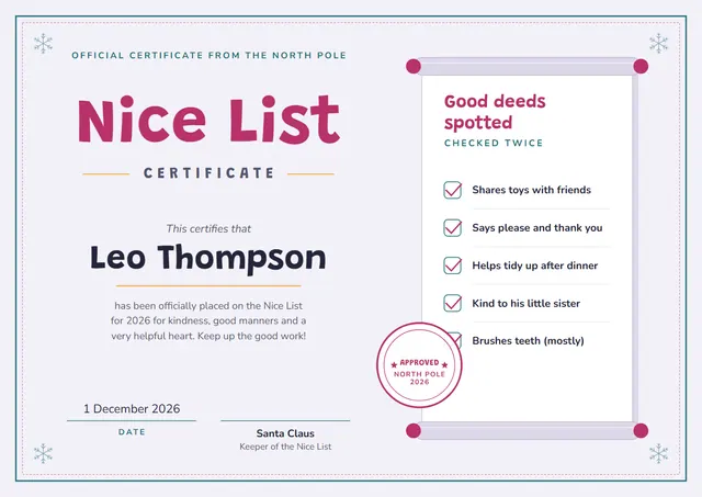 Raspberry Starry Nice List Certificate template, A4 landscape, in raspberry