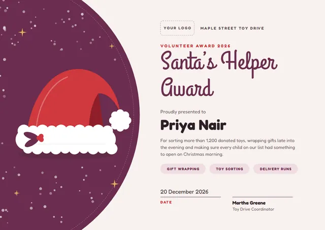 Plum Starry Santa's Helper Award template, A4 landscape, in plum