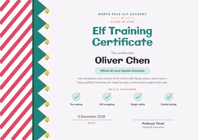Red Starry Elf Training Certificate template, A4 landscape, in red