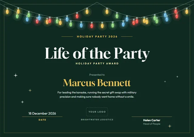 Forest Green Starry Holiday Party Award template, A4 landscape, in forest green