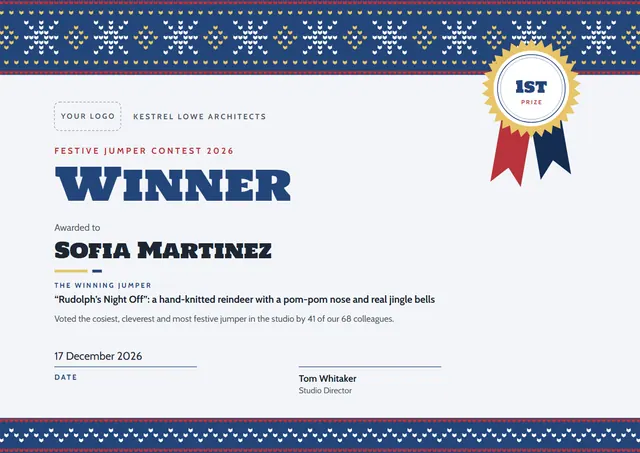 Ocean Blue Rosette Festive Jumper Contest Winner Certificate template, A4 landscape, in ocean blue