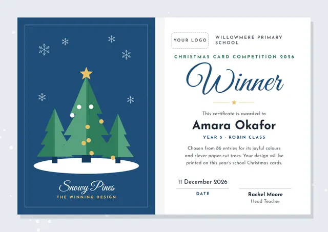 Ocean Blue Starry Christmas Card Competition Winner Certificate template, A4 landscape, in ocean blue