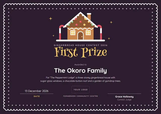 Black Starry Gingerbread House Contest Winner Certificate template, A4 landscape, in black
