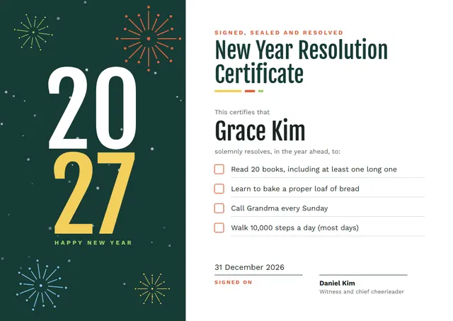Forest Green Starry New Year Resolution Certificate template, A4 landscape, in forest green