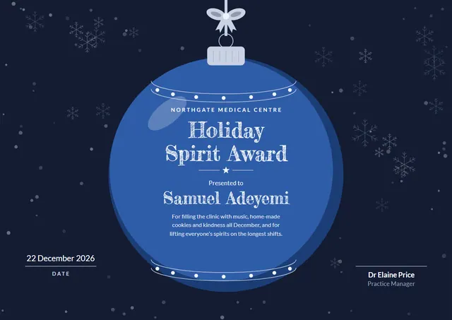 Classic Midnight Ribbon Holiday Spirit Award template, A4 landscape, in midnight blue