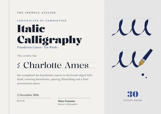 Navy Banded Calligraphy Course Certificate template, A4 landscape, in navy
