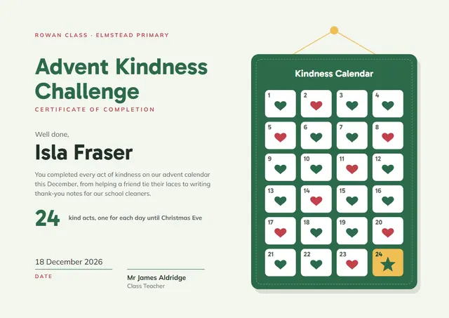 Emerald Starry Advent Kindness Challenge Certificate template, A4 landscape, in emerald