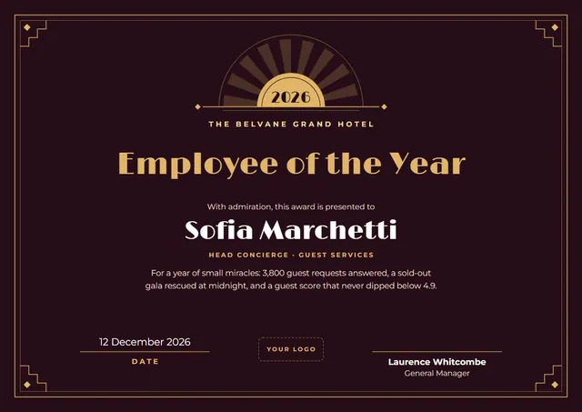 Burgundy Sunburst Employee of the Year Award template, A4 landscape, in burgundy