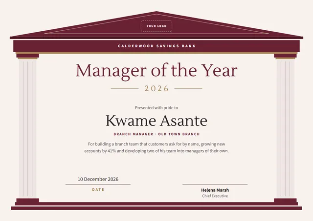 Burgundy Banded Manager of the Year Award template, A4 landscape, in burgundy