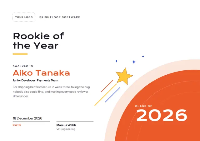 Orange Starry Rookie of the Year Award template, A4 landscape, in orange