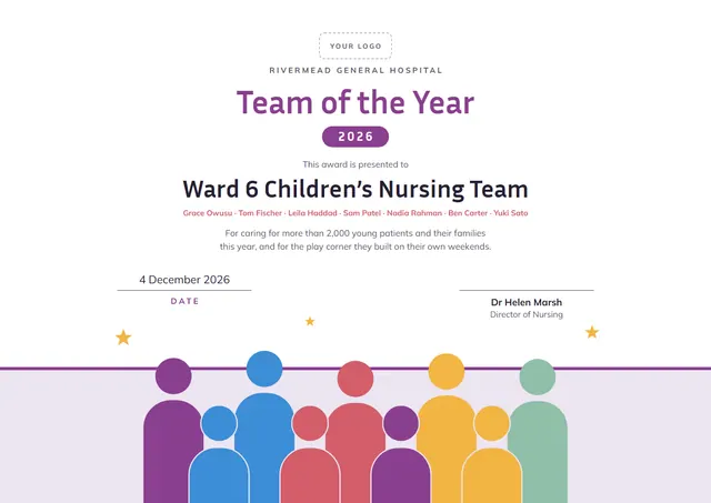 Plum Starry Team of the Year Award template, A4 landscape, in plum