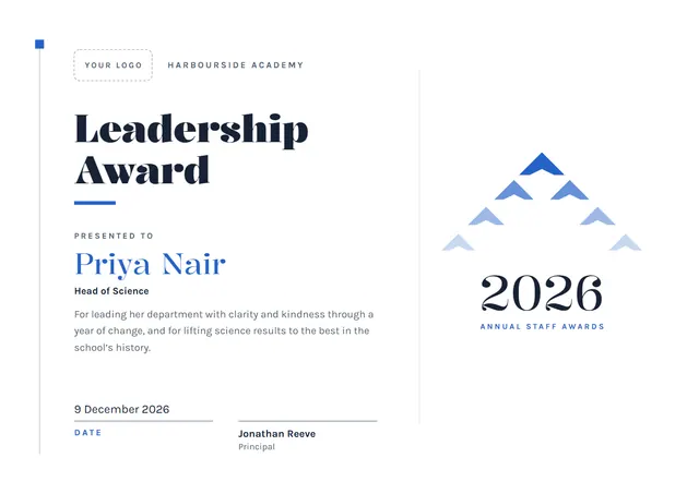 Steel Blue Geometric Leadership Award template, A4 landscape, in steel blue