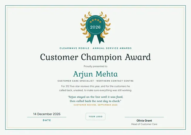 Teal Laurel Customer Champion Award template, A4 landscape, in teal