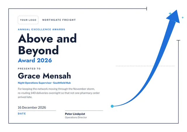 Steel Blue Starry Above and Beyond Award template, A4 landscape, in steel blue