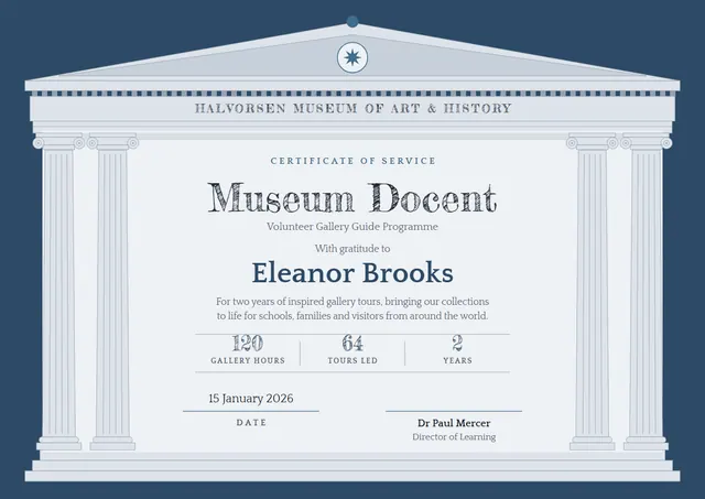 Navy Medal Museum Docent Certificate template, A4 landscape, in navy