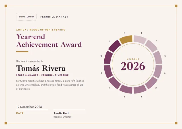 Plum Ornate Year-end Achievement Award template, A4 landscape, in plum