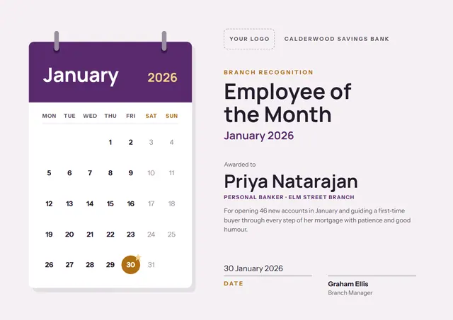 Plum Starry Employee of the Month Certificate template, A4 landscape, in plum