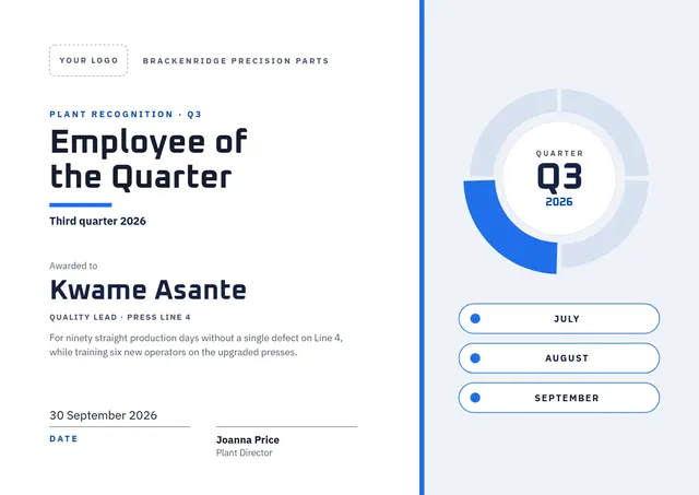 Royal Blue Gear Employee of the Quarter Award template, A4 landscape, in royal blue