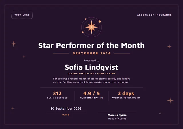 Black Orbit Star Performer of the Month Certificate template, A4 landscape, in black
