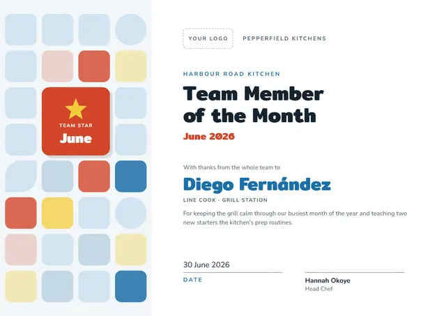 Ocean Blue Starry Team Member of the Month Certificate template, A4 landscape, in ocean blue