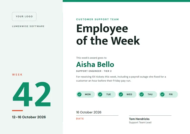 Emerald Banded Employee of the Week Certificate template, A4 landscape, in emerald