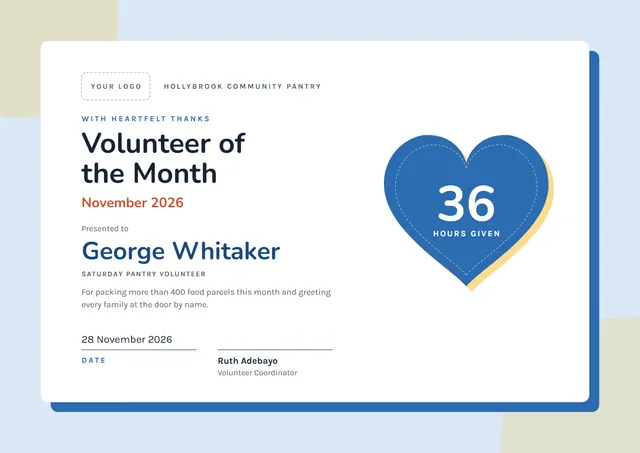Steel Blue Heart Volunteer of the Month Certificate template, A4 landscape, in steel blue