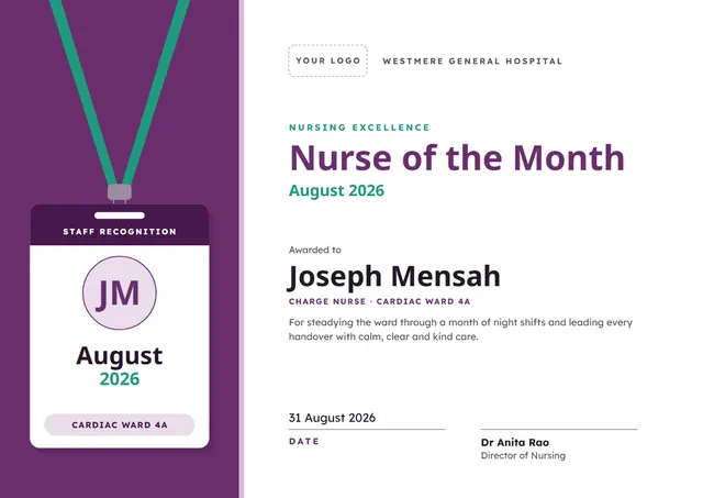 Plum Badge Nurse of the Month Certificate template, A4 landscape, in plum