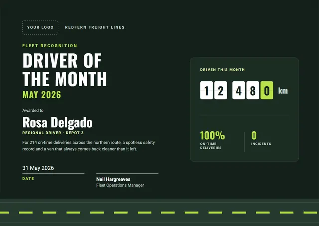 Forest Green Wave Driver of the Month Certificate template, A4 landscape, in forest green