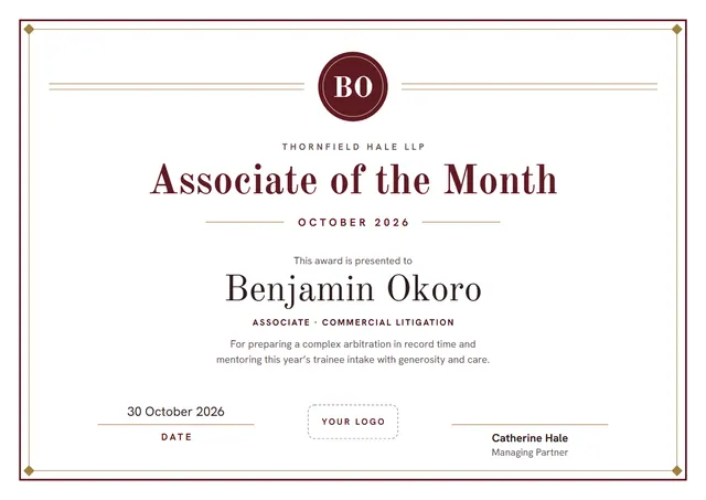 Burgundy Ornate Associate of the Month Certificate template, A4 landscape, in burgundy