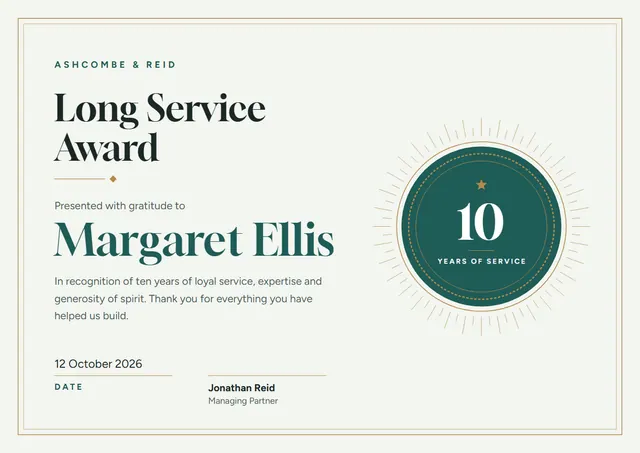 Teal Sunburst Years of Service Award template, A4 landscape, in teal