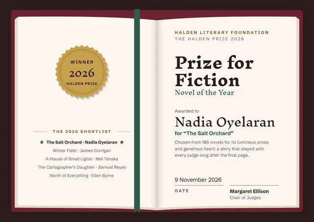 Chocolate Ribbon Literary Prize Certificate template, A4 landscape, in chocolate