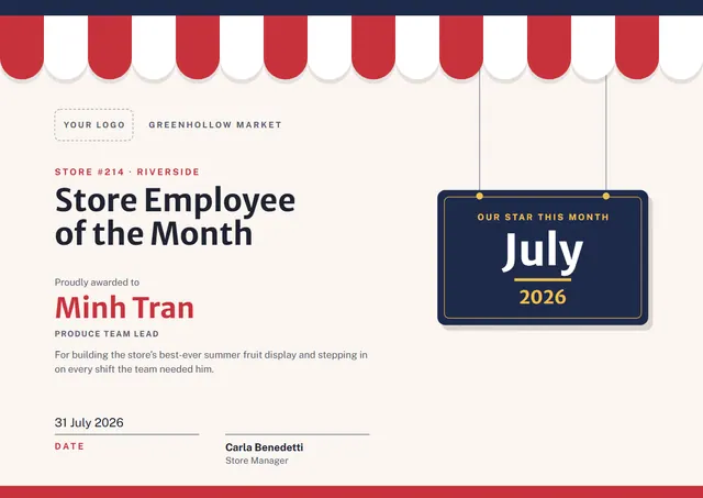Navy Wave Store Employee of the Month Certificate template, A4 landscape, in navy