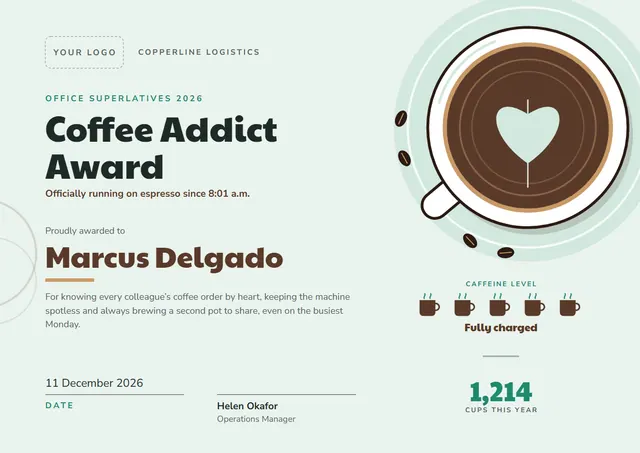 Chocolate Heart Coffee Addict Award template, A4 landscape, in chocolate