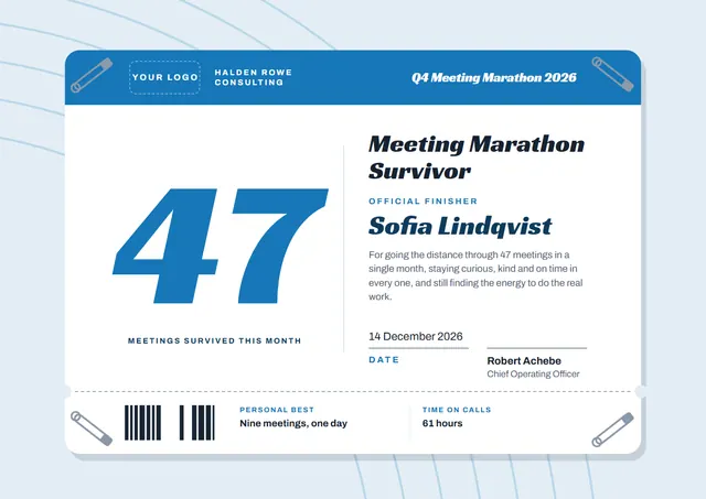 Ocean Blue Ticket Meeting Marathon Survivor Award template, A4 landscape, in ocean blue