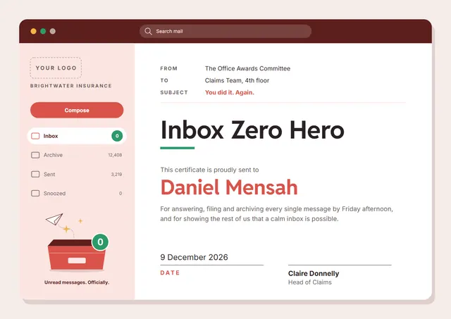 Chocolate Sunburst Inbox Zero Hero Award template, A4 landscape, in chocolate