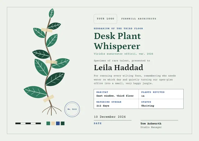 Forest Green Leafy Desk Plant Whisperer Award template, A4 landscape, in forest green