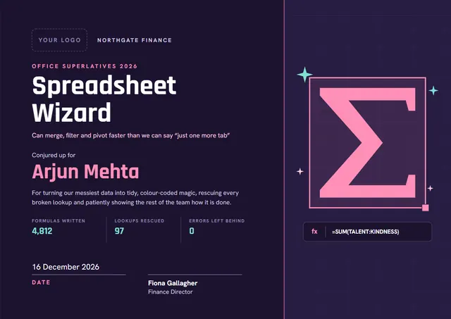 Modern Midnight Starry Spreadsheet Wizard Award template, A4 landscape, in midnight blue