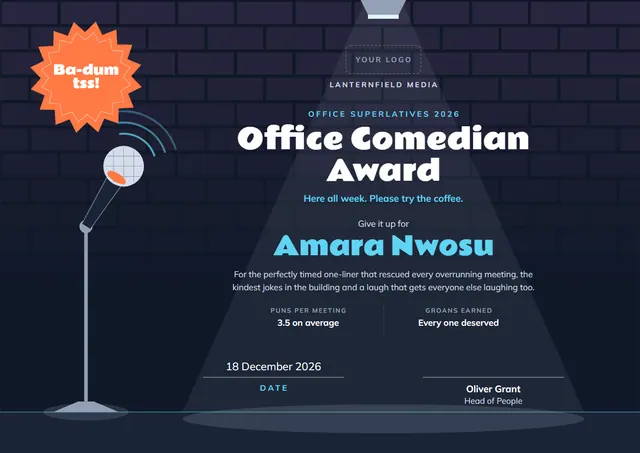 Modern Midnight Wave Office Comedian Award template, A4 landscape, in midnight blue