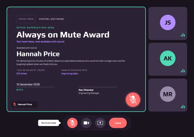 Black Mountain Always on Mute Award template, A4 landscape, in black