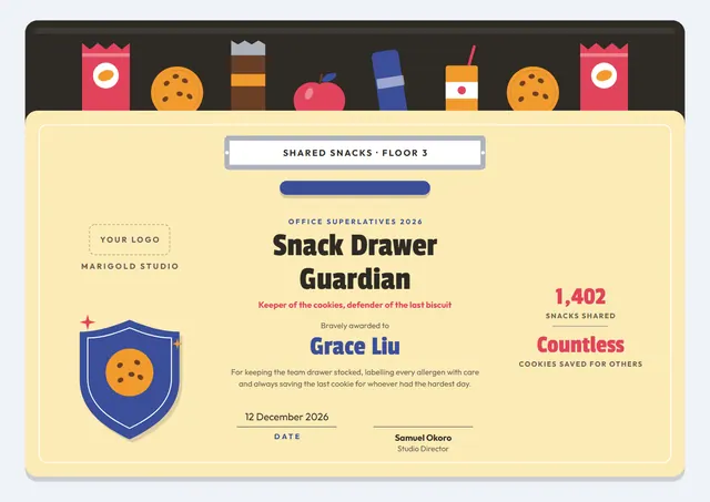 Steel Blue Seal Snack Drawer Guardian Award template, A4 landscape, in steel blue