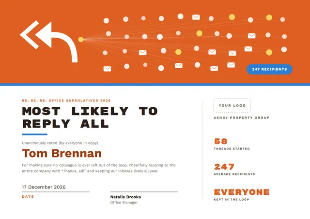 Orange Geometric Most Likely to Reply All Award template, A4 landscape, in orange